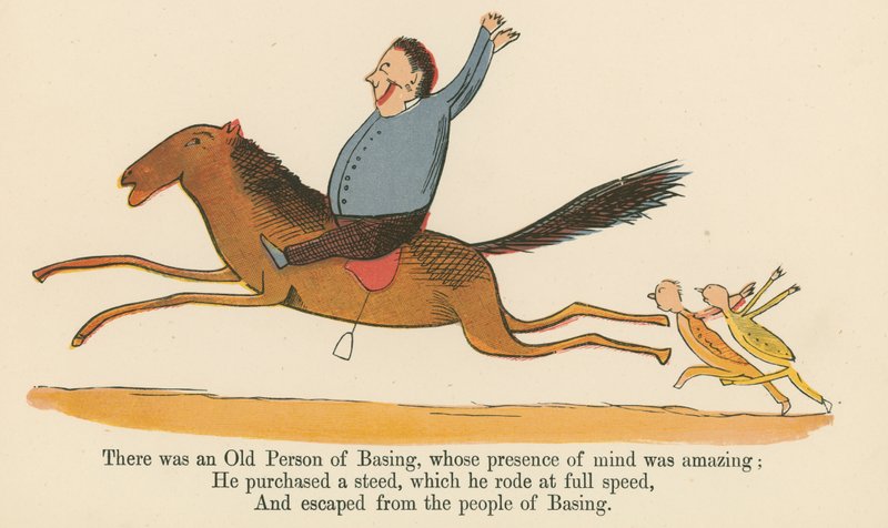 Był Stary Człowiek Basing, którego przytomność umysłu była zdumiewająca, z „Księgi bzdur”, wydanej przez Fredericka Warne and Co., Londyn, ok. 1875 r. autorstwa Edward Lear