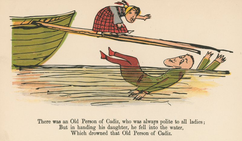 Był stary człowiek z Kadyksu, który zawsze był uprzejmy dla wszystkich pań z „Księgi bzdur”, wydanej przez Frederick Warne and Co., Londyn, ok. 1875 r. autorstwa Edward Lear