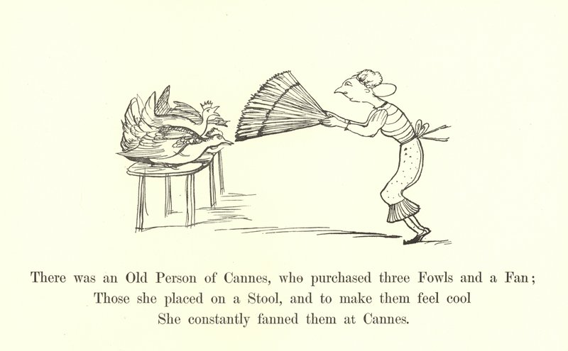 Był sobie staruszek z Cannes, który kupił trzy kurki i wachlarz. autorstwa Edward Lear