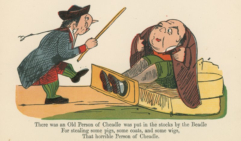 Był sobie staruszek z Cheadle, którego Beadle wsadził do zapasów, z "A Book of Nonsense", wydanej przez Frederick Warne and Co., Londyn, ok. 1875 r. autorstwa Edward Lear