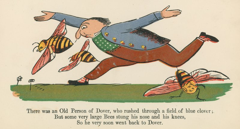 Był stary człowiek z Dover, który rzucił się przez pole niebieskiej koniczyny, z „Księgi bzdur”, wydanej przez Fredericka Warne and Co., Londyn, ok. 1875 r. autorstwa Edward Lear