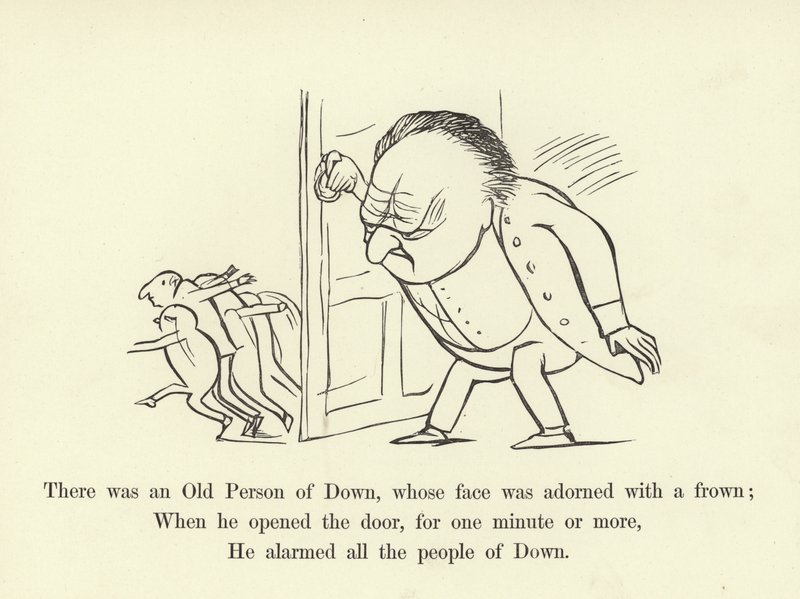 Była tam Stara Osoba z Downa, której twarz była ozdobiona zmarszczonym czołem autorstwa Edward Lear