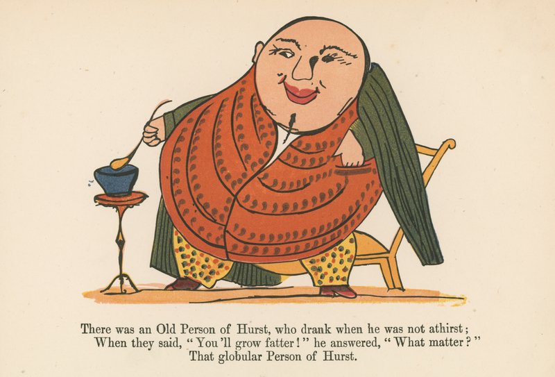Był stary człowiek Hursta, który pił, gdy nie był spragniony, z „Księgi bzdur”, wydanej przez Fredericka Warne and Co., Londyn, ok. 1875 r. autorstwa Edward Lear