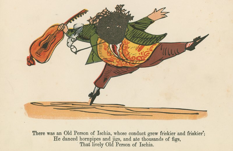 Był stary człowiek z Ischii, którego zachowanie stawało się coraz bardziej i bardziej frywolne, z „Księgi bzdur” wydanej przez Frederick Warne and Co., Londyn, ok. 1875 r. autorstwa Edward Lear