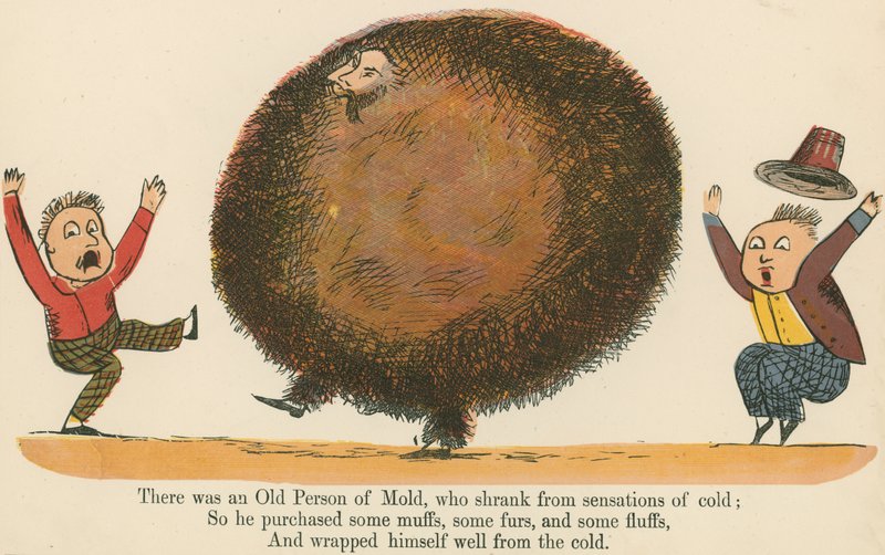 Był stary człowiek pleśni, który bał się odczucia zimna, z „Księgi bzdur”, wydanej przez Fredericka Warne and Co., Londyn, ok. 1875 r. autorstwa Edward Lear