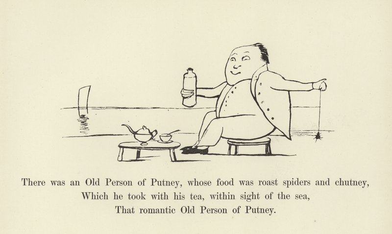 Była tam Stara Osoba z Putney, której pożywieniem były pieczone pająki i chutney autorstwa Edward Lear