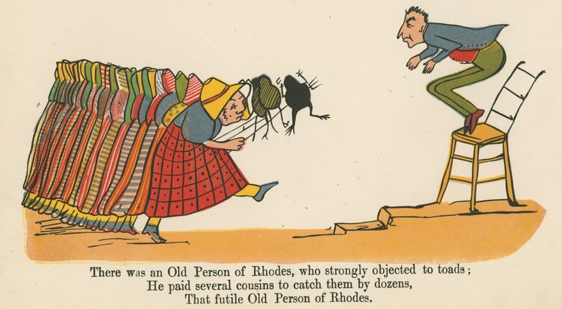Był stary człowiek z Rodos, który zdecydowanie sprzeciwiał się ropuchom, z „Księgi bzdur” wydanej przez Fredericka Warne and Co., Londyn, ok. 1875 r. autorstwa Edward Lear