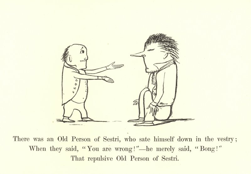Była tam Stara Osoba Sestri, która usiadła w zakrystii autorstwa Edward Lear