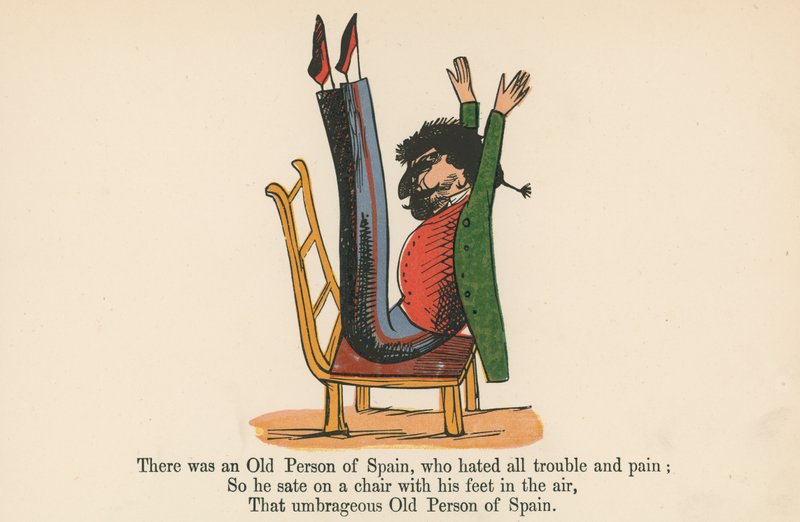 Był sobie stary człowiek z Hiszpanii, który nienawidził wszelkich kłopotów i bólu, z "A Book of Nonsense", wydanej przez Frederick Warne and Co, Londyn, ok. 1875 r. autorstwa Edward Lear