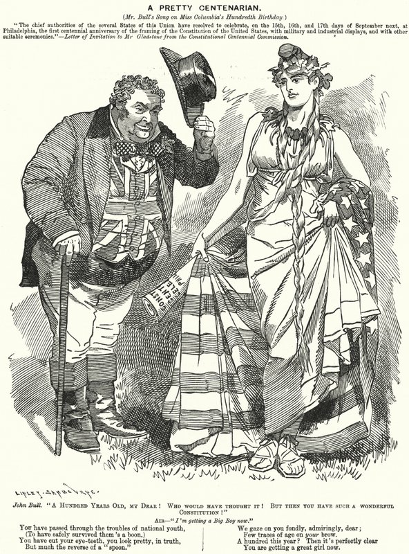 Punch cartoon: A Pretty Centenarian - stulecie opracowania Konstytucji Stanów Zjednoczonych (rycina) autorstwa Edward Linley (after) Sambourne