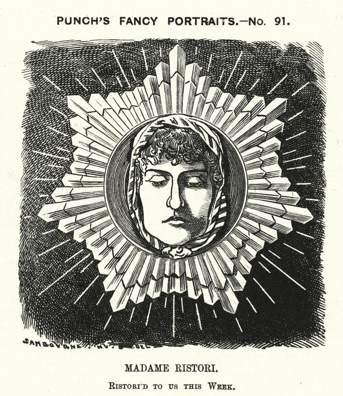 Poncz kreskówkowy: Adelaide Ristori, włoska aktorka (grawerowanie) autorstwa Edward Linley (after) Sambourne