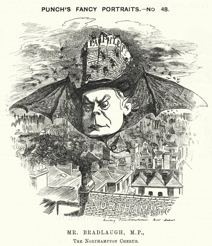 Punch cartoon: Charles Bradlaugh, angielski liberalny polityk i ateista (grafika) autorstwa Edward Linley (after) Sambourne