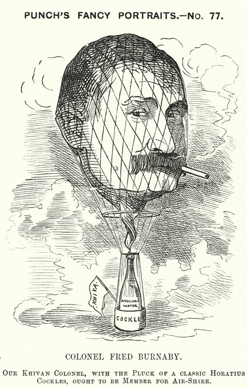 Punch cartoon: Frederick Burnaby, oficer wywiadu armii brytyjskiej i baloniarz (rycina) autorstwa Edward Linley (after) Sambourne