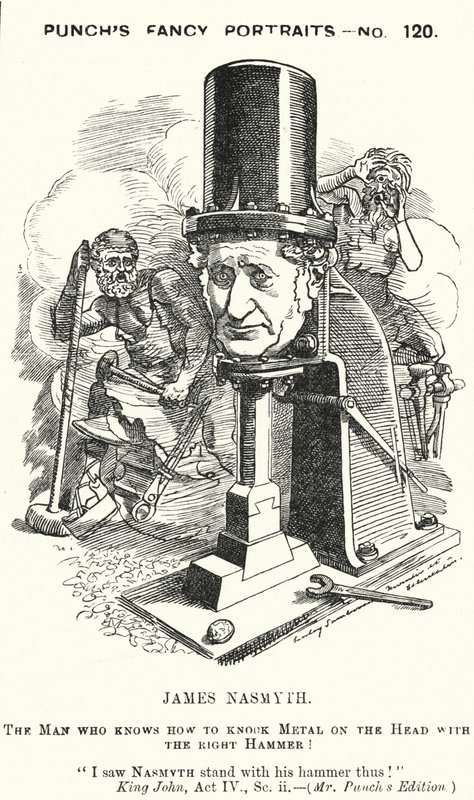 Punch cartoon: James Nasmyth, szkocki inżynier i wynalazca młota parowego (grawerowanie) autorstwa Edward Linley (after) Sambourne