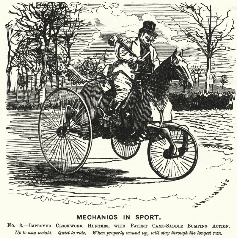 Punch cartoon: Mechanika w sporcie. Nr 3. - Ulepszone mechaniczne myśliwce z opatentowanym mechanizmem uderzania siodełka (grawerowanie) autorstwa Edward Linley (after) Sambourne