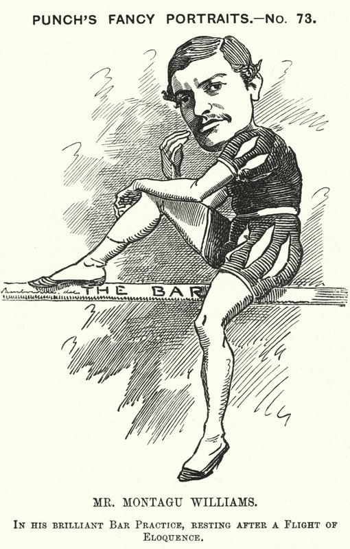 Punch cartoon: Montagu Williams, nauczyciel angielskiego, żołnierz, aktor, dramaturg, adwokat i sędzia (grafika) autorstwa Edward Linley (after) Sambourne