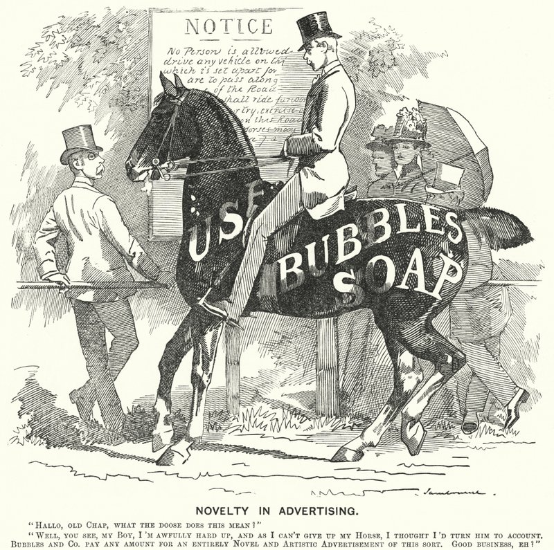 Punch cartoon: Nowość w reklamie (grawerowanie) autorstwa Edward Linley (after) Sambourne