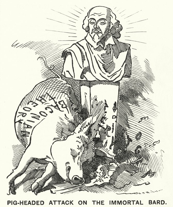 Punch cartoon: Pig-headed Attack on the Immortal Bard – teoria, że sztuki Williama Szekspira zostały napisane przez Sir Francisa Bacona (rycina) autorstwa Edward Linley (after) Sambourne