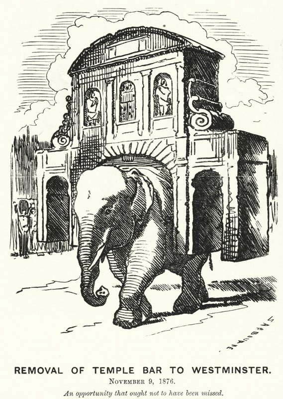 Punch cartoon: Przeniesienie Temple Bar do Westminsteru (grawerowanie) autorstwa Edward Linley (after) Sambourne