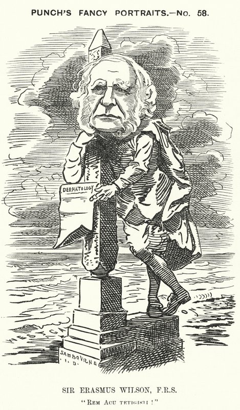 Karykatura z dziurkacza: Sir Erasmus Wilson, angielski chirurg i dermatolog (grawerowanie) autorstwa Edward Linley (after) Sambourne