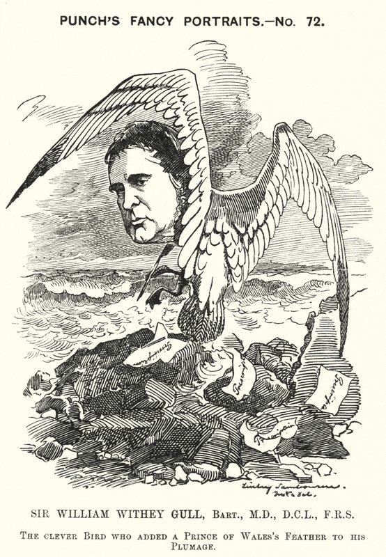 Rysunkowa dziurkacz: Sir William Withey Gull, angielski lekarz, który wyleczył księcia Walii z tyfusu i został ordynariuszem królowej Wiktorii (grafika) autorstwa Edward Linley (after) Sambourne