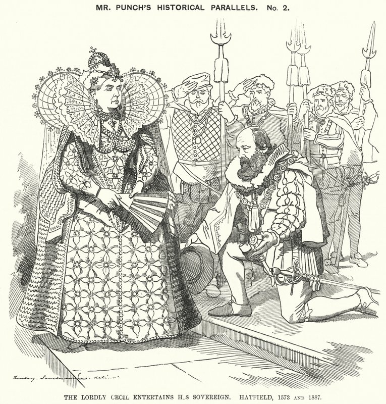 Karykatura ponczowa: Lordly Cecil Entertains Your Sovereign, Hatfield autorstwa Edward Linley (after) Sambourne