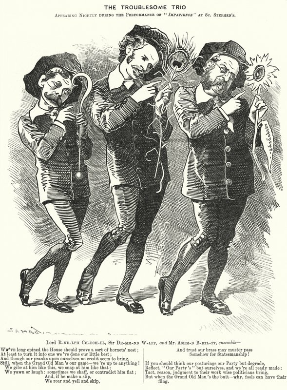 Karykatura: The Troublesome Trio: Lord Randolph Churchill, Henry Drummond Wolff i Ellis Ashmead-Bartlett, brytyjscy konserwatywni politycy (rycina) autorstwa Edward Linley (after) Sambourne
