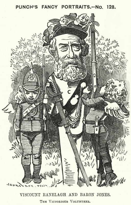 Punch cartoon: Thomas Heron Jones, 7. wicehrabia Ranelagh i Baron Jones z Navan, promotor ruchu ochotniczego dla armii brytyjskiej (grafika) autorstwa Edward Linley (after) Sambourne