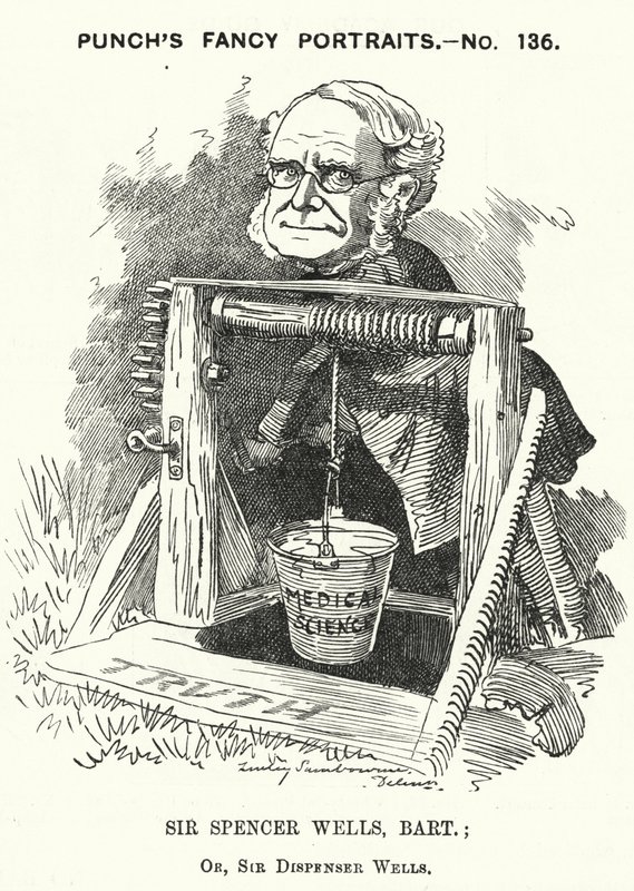 Karykatura z dziurkacza: Thomas Spencer Wells, angielski lekarz, chirurg królowej Wiktorii (grafika) autorstwa Edward Linley (after) Sambourne