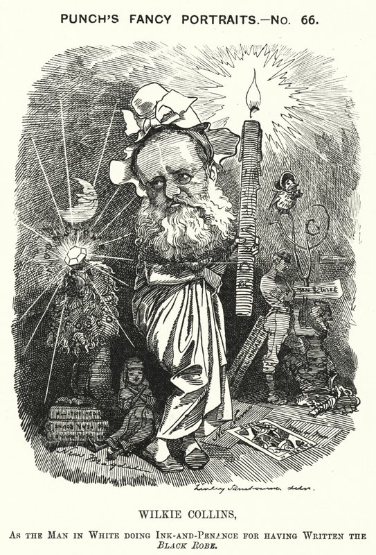 Punch cartoon: Wilkie Collins, angielski powieściopisarz, dramaturg i autor opowiadań (grafika) autorstwa Edward Linley (after) Sambourne
