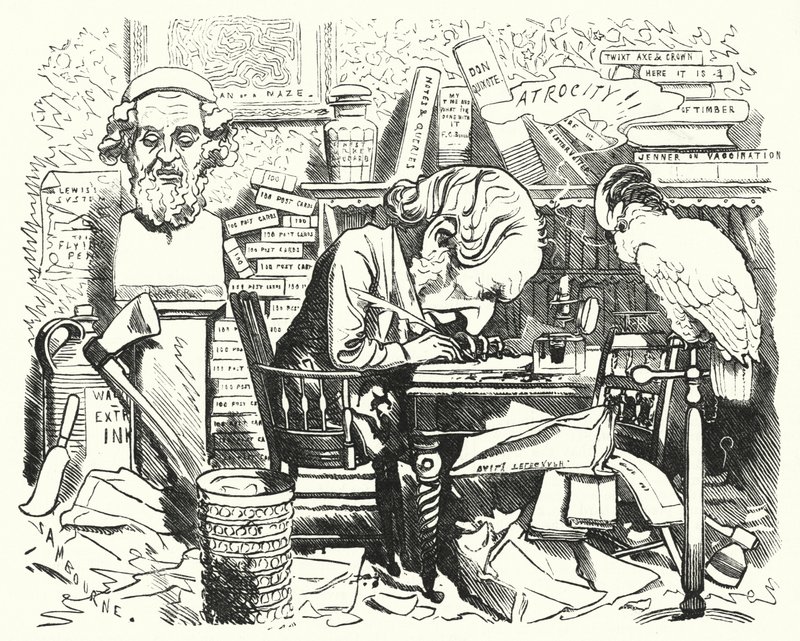 Punch cartoon: pisarz w pracy w swoim gabinecie (grawerowanie) autorstwa Edward Linley (after) Sambourne