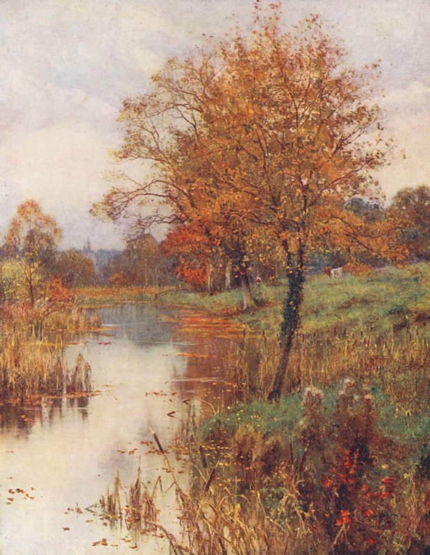 Martwe liście opadają łagodnie i smutno przez spokojne, słodkie powietrze (kolorowa litografia) autorstwa Edward Wilkins Waite