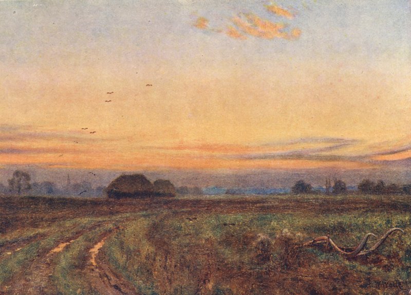 Słońce zachodzi... Ziemia jak zmęczone dziecko odwraca twarz na łono nocy (kolorowa litografia) autorstwa Edward Wilkins Waite