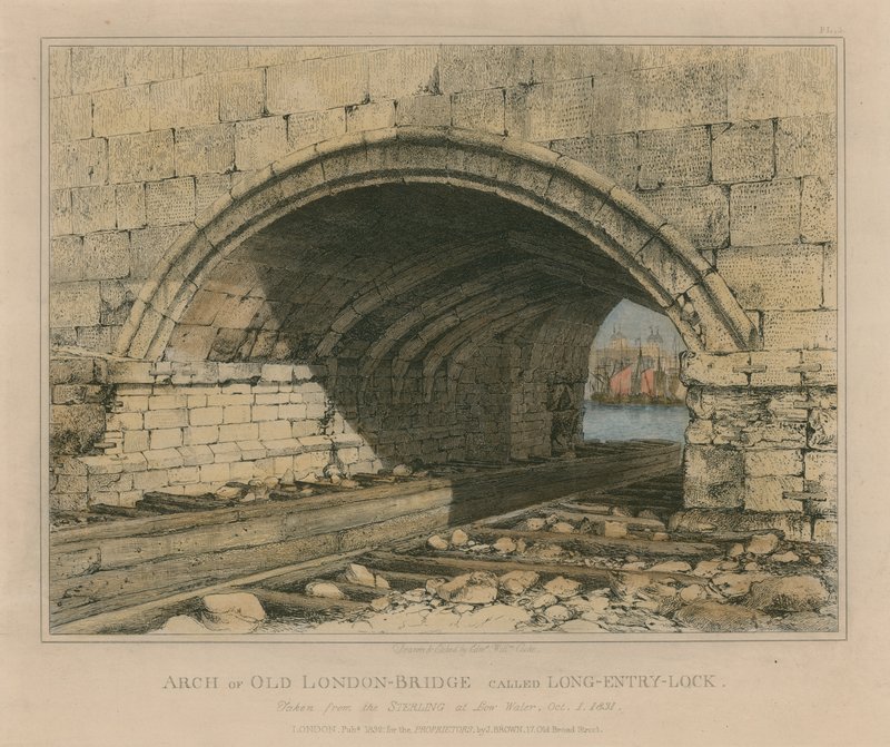 Łuk starego London Bridge zwany Long Entry Lock autorstwa Edward William Cooke