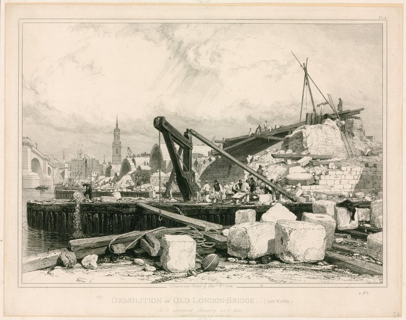 Rozbiórka Starego Mostu Londyńskiego, 1832 autorstwa Edward William Cooke