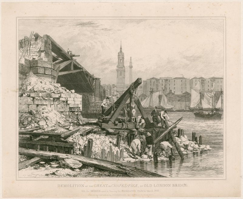 Rozbiórka części Old London Bridge. Marzec 1832 r. autorstwa Edward William Cooke