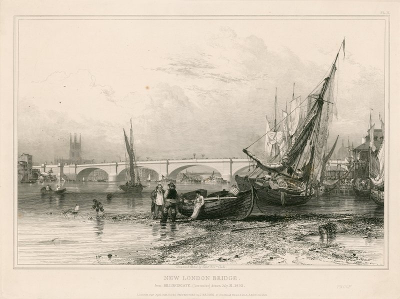 Most New London Bridge, z Billingsgate (niska woda) narysowany 31 lipca 1832 r. autorstwa Edward William Cooke