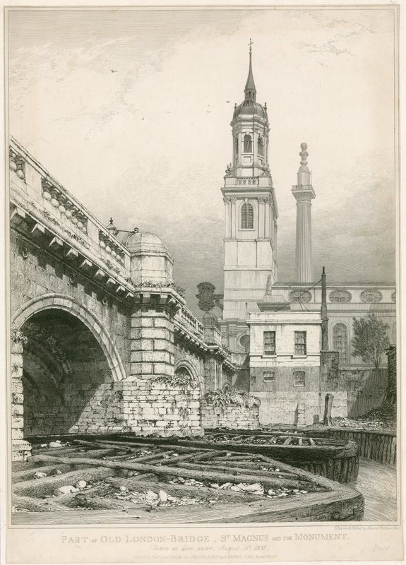 Część Old London Bridge, St Magnus i Monument autorstwa Edward William Cooke