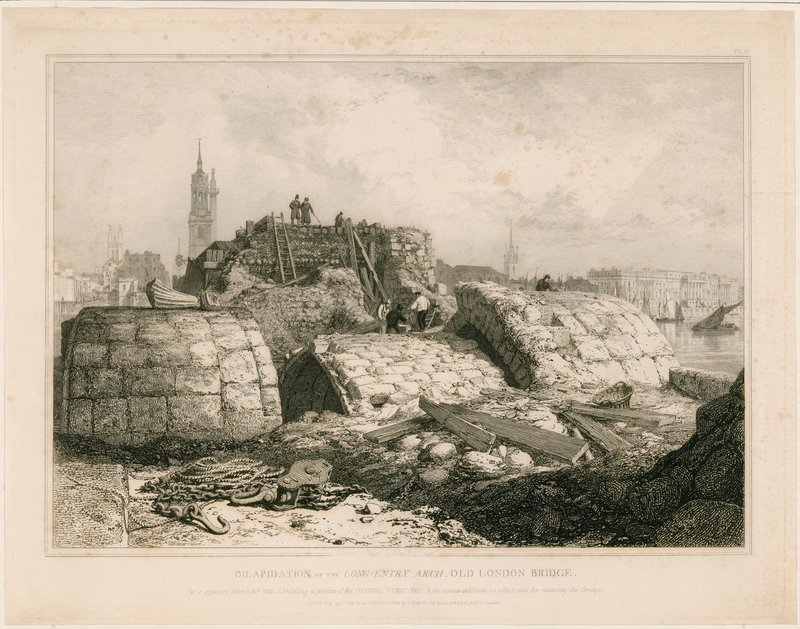 Część mostu Old London Bridge w formie, w jakiej pojawił się w czerwcu 1832 r. autorstwa Edward William Cooke