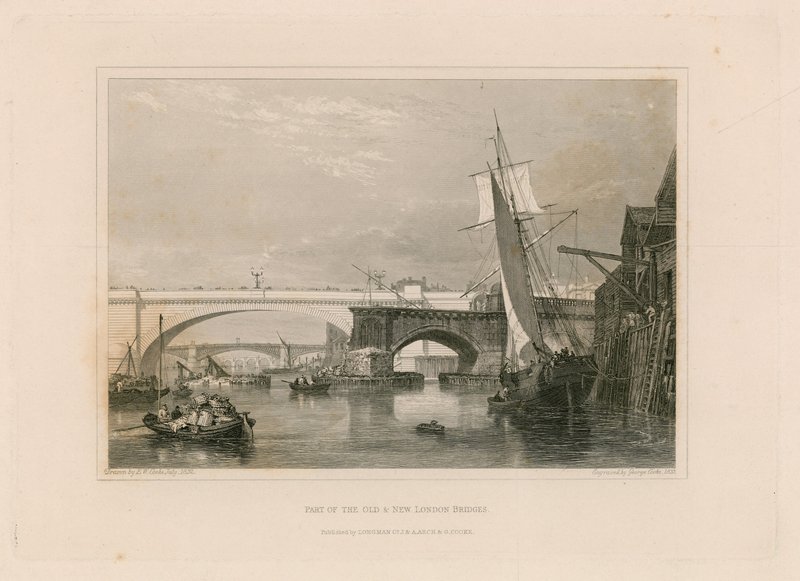 Część starych i nowych mostów londyńskich. Rysowane 1832 autorstwa Edward William Cooke