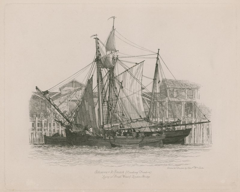 Schooner und Smack leżący w Fresh Wharf autorstwa Edward William Cooke