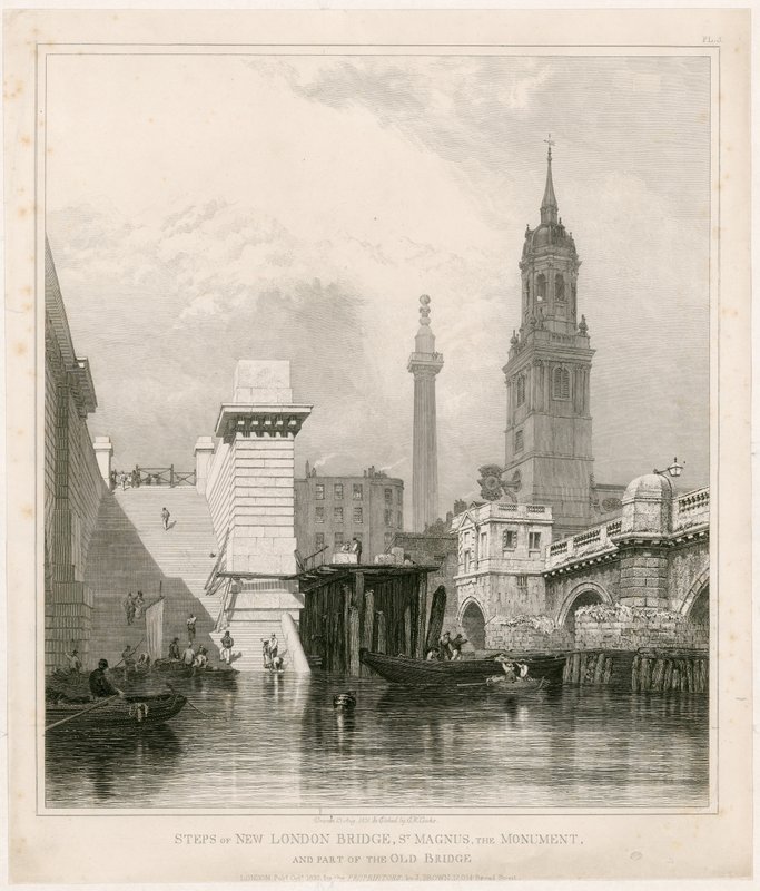 Schody Nowego Mostu Londyńskiego, St Magnus, Pomnik i część Starego Mostu autorstwa Edward William Cooke