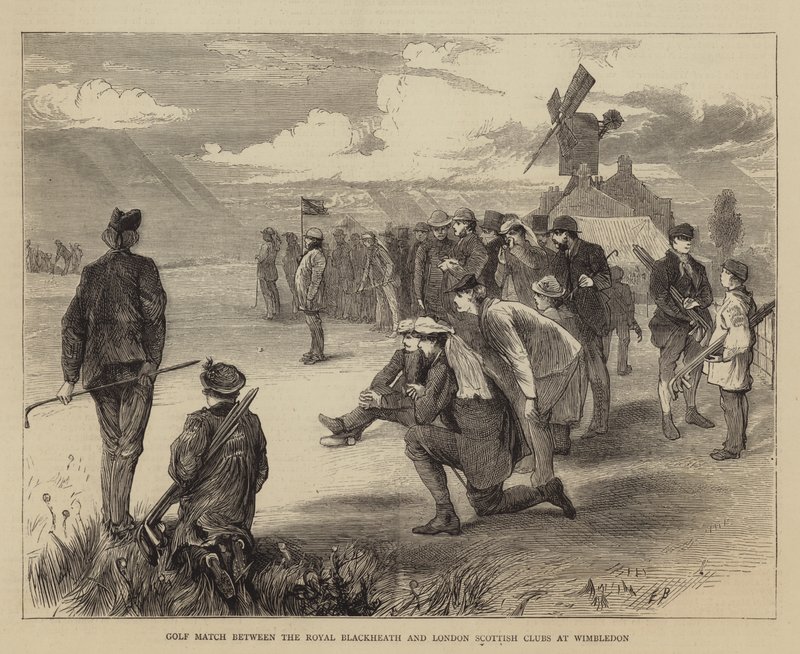 Mecz golfowy pomiędzy klubami Royal Blackheath i London Scottish na Wimbledonie autorstwa Edwin Buckman
