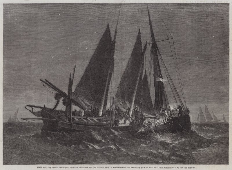 Walka u wybrzeży North Foreland między załogą statku rybackiego "Prince Arthur" z Ramsgate a załogą statku rybackiego "Boulogne" nr 439 autorstwa Edwin Weedon