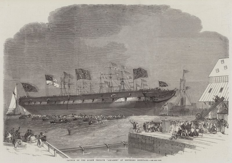 Wodowanie śrubowej fregaty Ariadne w Deptford Dockyard autorstwa Edwin Weedon