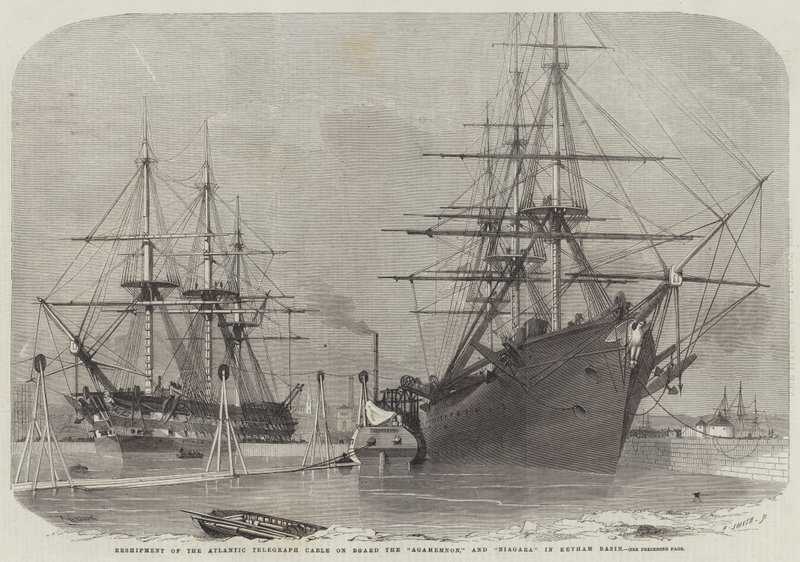 Przeładunek atlantyckiego kabla telegraficznego na pokładzie Agamemnon i Niagara w Keyham Basin autorstwa Edwin Weedon