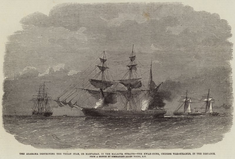 Alabama niszczy Texan Star, lub Martaban, w Cieśninie Malakka, Kwan-Tung, chiński War-Steamer, w oddali autorstwa Edwin Weedon