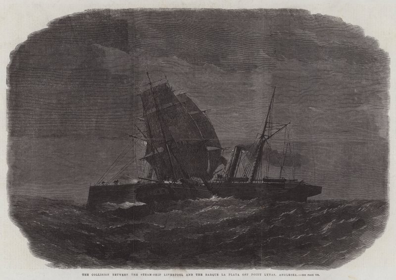 Kolizja między parowcem Liverpool a Barque la Plata przy Point Lynas, Anglesea autorstwa Edwin Weedon