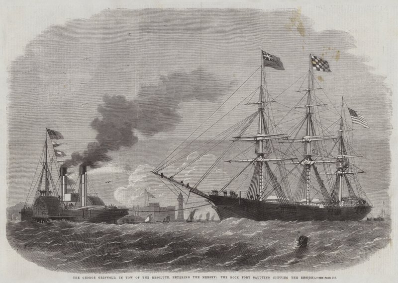 George Griswold, w Tow of the Resolute, wchodząc do Mersey, pozdrawiając Rock Fort, zanurzając chorążego autorstwa Edwin Weedon