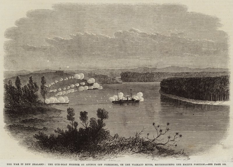 Wojna w Nowej Zelandii, pionier kanonierki w Anchor niedaleko Meremere, na rzece Waikato, rozpoznający pozycję tubylców autorstwa Edwin Weedon